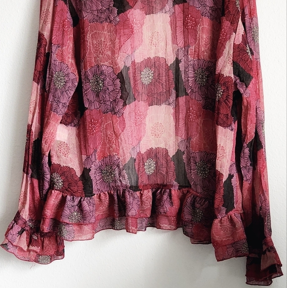 Claudia Ev Women's Sheer Chiffon Purple & Red Long Sleeve Ruffle Blouse Size 16W - Picture 5 of 10